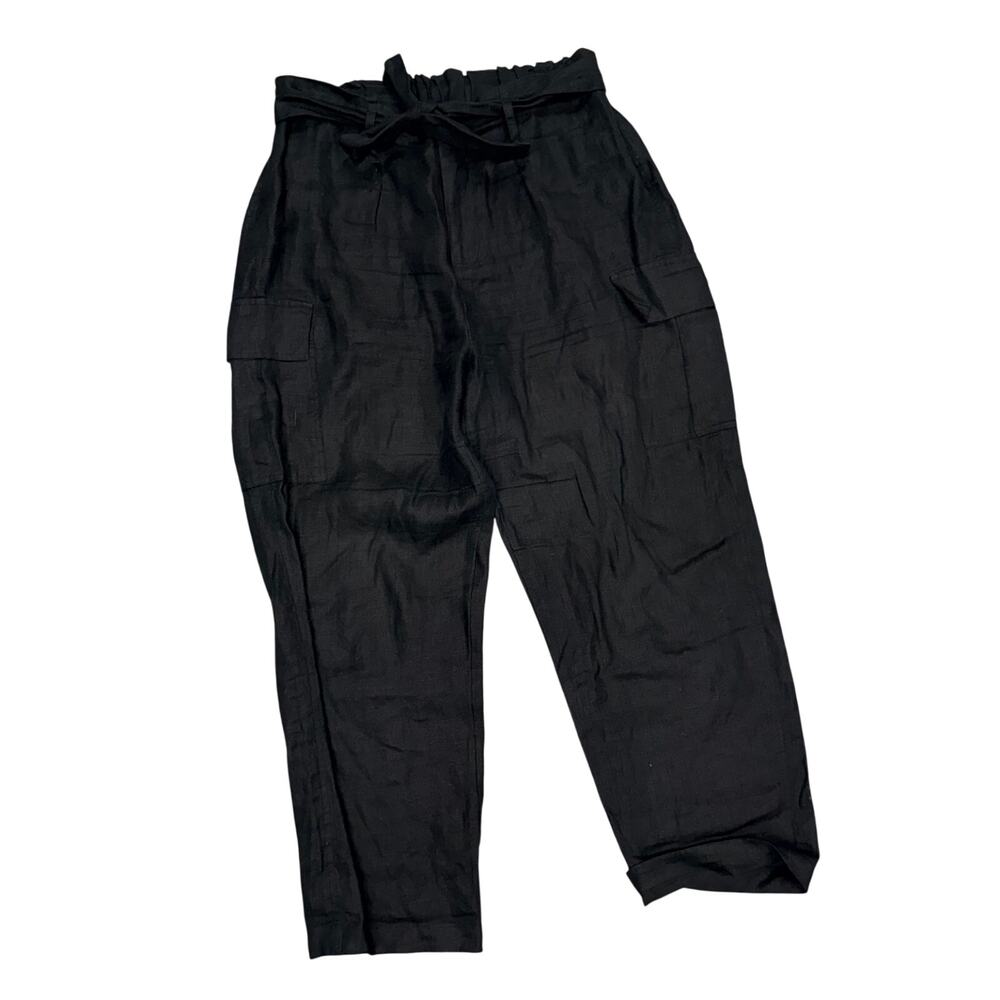 Saks Fifth Ave Black 100% Linen Pant Tie Waist Paperbag Loose Fit Cargo Medium
